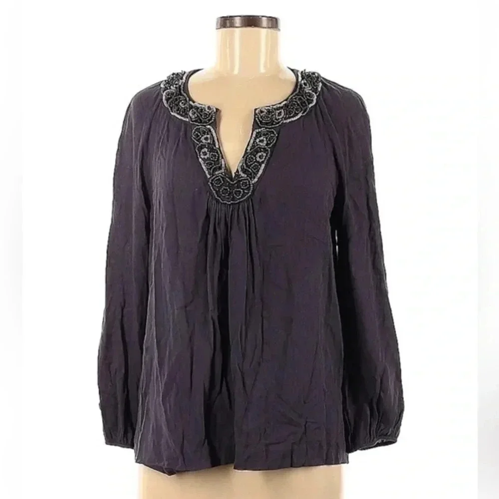 Boden Deep Violet Puff Long Sleeve Blouse Beaded Embellishments Collar Size 8 M